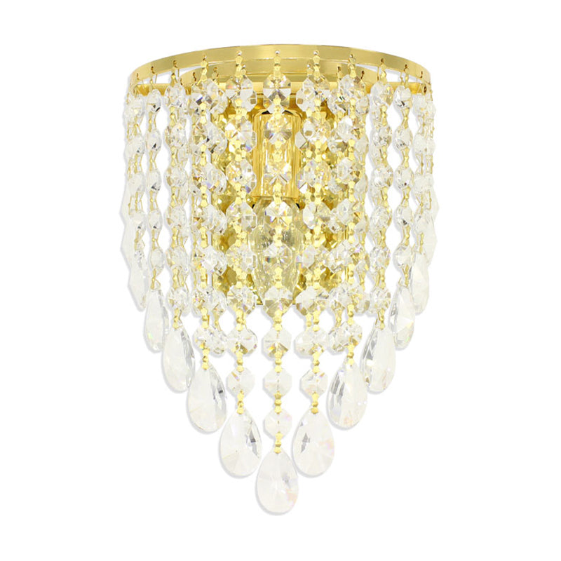 10"/15" W Tapered Wall Mount Light Vintage Metal 1 Bulb Golden Sconce Light with Clear Crystal Draping Clearhalo 'Modern wall lights' 'Modern' 'Wall Lamps & Sconces' 'Wall Lights' Lighting' 1820675