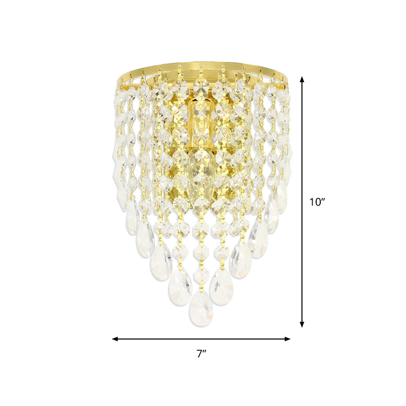 10"/15" W Tapered Wall Mount Light Vintage Metal 1 Bulb Golden Sconce Light with Clear Crystal Draping Clearhalo 'Modern wall lights' 'Modern' 'Wall Lamps & Sconces' 'Wall Lights' Lighting' 1820676