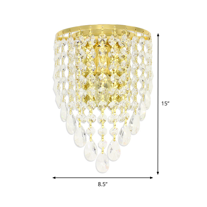 10"/15" W Tapered Wall Mount Light Vintage Metal 1 Bulb Golden Sconce Light with Clear Crystal Draping Clearhalo 'Modern wall lights' 'Modern' 'Wall Lamps & Sconces' 'Wall Lights' Lighting' 1820677