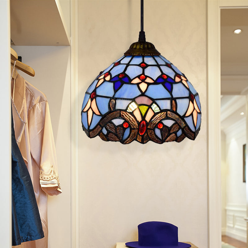 Baroque Style Bowl Pendant Light Stained Glass 1 Light Ceiling Pendant in Blue for Dining Room Clearhalo 'Ceiling Lights' 'Industrial' 'Middle Century Pendants' 'Pendant Lights' 'Pendants' 'Tiffany close to ceiling' 'Tiffany Pendants' 'Tiffany' Lighting' 182068