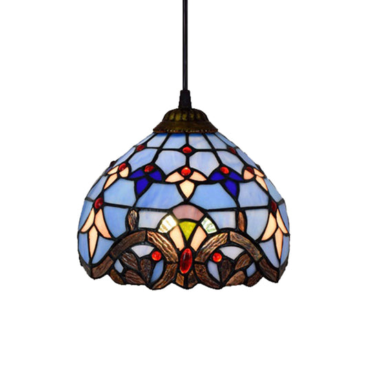 Baroque Style Bowl Pendant Light Stained Glass 1 Light Ceiling Pendant in Blue for Dining Room Clearhalo 'Ceiling Lights' 'Industrial' 'Middle Century Pendants' 'Pendant Lights' 'Pendants' 'Tiffany close to ceiling' 'Tiffany Pendants' 'Tiffany' Lighting' 182069