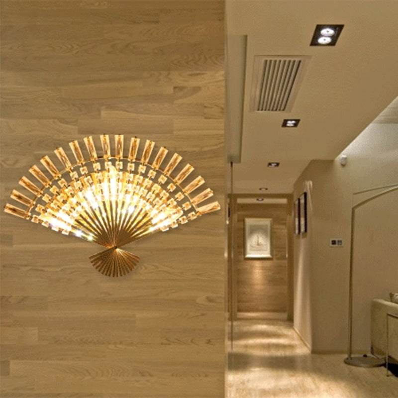 Golden Fan Shaped Sconce Lamp Vintage Style 3 Lights Metal Wall Light Fixture with Clear Crystal Decoration Clearhalo 'Modern wall lights' 'Modern' 'Wall Lamps & Sconces' 'Wall Lights' Lighting' 1820705
