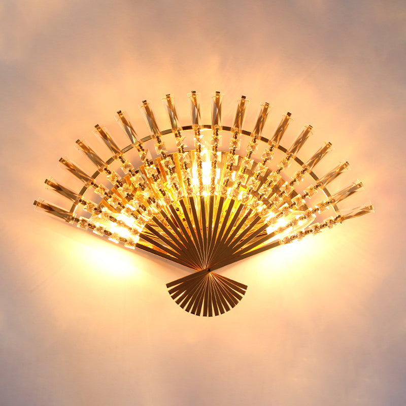Golden Fan Shaped Sconce Lamp Vintage Style 3 Lights Metal Wall Light Fixture with Clear Crystal Decoration Clearhalo 'Modern wall lights' 'Modern' 'Wall Lamps & Sconces' 'Wall Lights' Lighting' 1820707