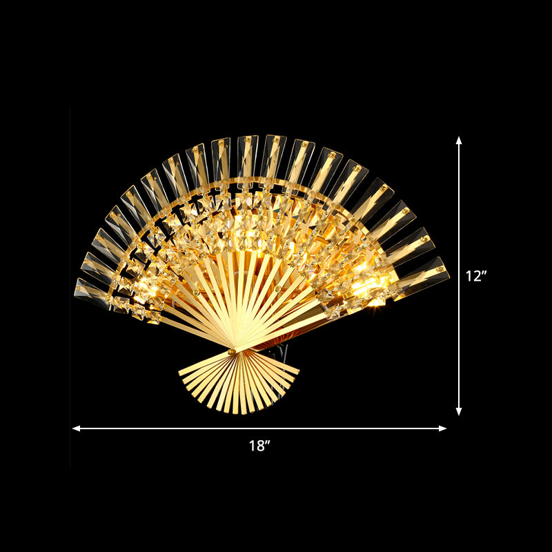 Golden Fan Shaped Sconce Lamp Vintage Style 3 Lights Metal Wall Light Fixture with Clear Crystal Decoration Clearhalo 'Modern wall lights' 'Modern' 'Wall Lamps & Sconces' 'Wall Lights' Lighting' 1820708