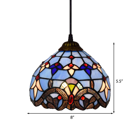 Baroque Style Bowl Pendant Light Stained Glass 1 Light Ceiling Pendant in Blue for Dining Room Clearhalo 'Ceiling Lights' 'Industrial' 'Middle Century Pendants' 'Pendant Lights' 'Pendants' 'Tiffany close to ceiling' 'Tiffany Pendants' 'Tiffany' Lighting' 182070