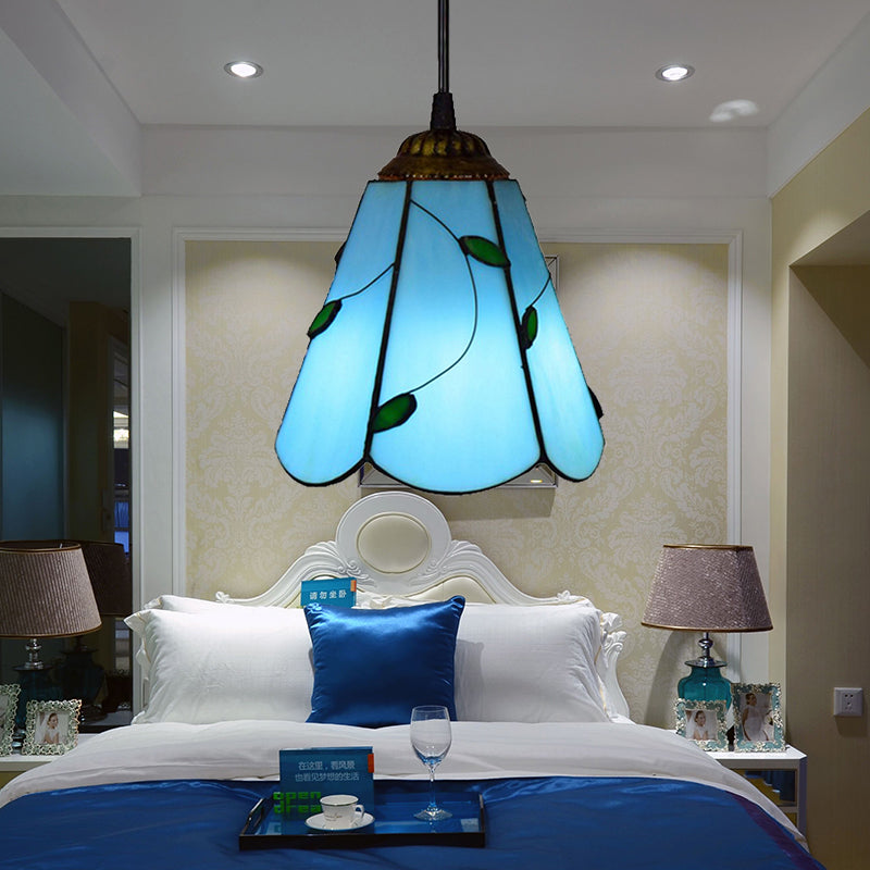 1 Bulb Ceiling Pendant Light Mediterranean Cone Handcrafted Stained Glass Suspension Lighting in Blue for Bedroom Blue Clearhalo 'Ceiling Lights' 'Industrial' 'Middle Century Pendants' 'Pendant Lights' 'Pendants' 'Tiffany close to ceiling' 'Tiffany Pendants' 'Tiffany' Lighting' 182071
