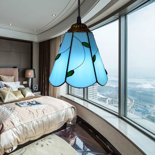 1 Bulb Ceiling Pendant Light Mediterranean Cone Handcrafted Stained Glass Suspension Lighting in Blue for Bedroom Clearhalo 'Ceiling Lights' 'Industrial' 'Middle Century Pendants' 'Pendant Lights' 'Pendants' 'Tiffany close to ceiling' 'Tiffany Pendants' 'Tiffany' Lighting' 182072