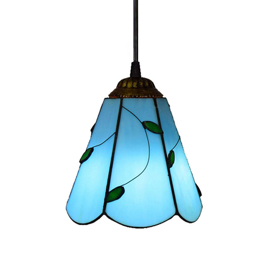 1 Bulb Ceiling Pendant Light Mediterranean Cone Handcrafted Stained Glass Suspension Lighting in Blue for Bedroom Clearhalo 'Ceiling Lights' 'Industrial' 'Middle Century Pendants' 'Pendant Lights' 'Pendants' 'Tiffany close to ceiling' 'Tiffany Pendants' 'Tiffany' Lighting' 182073