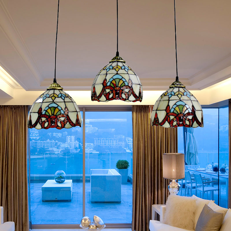 Baroque Style Bowl Shade Pendant Stained Glass 3 Lights Linear Ceiling Pendant in Brown/Black for Dining Room Linear Clearhalo 'Ceiling Lights' 'Industrial' 'Middle Century Pendants' 'Pendant Lights' 'Pendants' 'Tiffany close to ceiling' 'Tiffany Pendants' 'Tiffany' Lighting' 182075