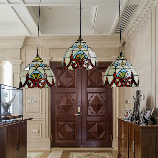 Baroque Style Bowl Shade Pendant Stained Glass 3 Lights Linear Ceiling Pendant in Brown/Black for Dining Room Clearhalo 'Ceiling Lights' 'Industrial' 'Middle Century Pendants' 'Pendant Lights' 'Pendants' 'Tiffany close to ceiling' 'Tiffany Pendants' 'Tiffany' Lighting' 182076