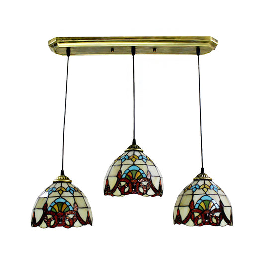 Baroque Style Bowl Shade Pendant Stained Glass 3 Lights Linear Ceiling Pendant in Brown/Black for Dining Room Clearhalo 'Ceiling Lights' 'Industrial' 'Middle Century Pendants' 'Pendant Lights' 'Pendants' 'Tiffany close to ceiling' 'Tiffany Pendants' 'Tiffany' Lighting' 182077