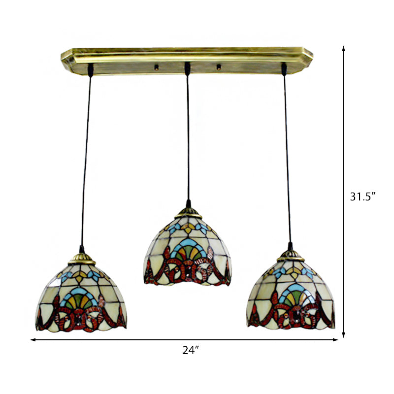 Baroque Style Bowl Shade Pendant Stained Glass 3 Lights Linear Ceiling Pendant in Brown/Black for Dining Room Clearhalo 'Ceiling Lights' 'Industrial' 'Middle Century Pendants' 'Pendant Lights' 'Pendants' 'Tiffany close to ceiling' 'Tiffany Pendants' 'Tiffany' Lighting' 182078