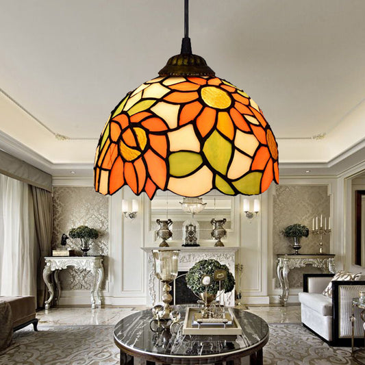 1 Head Living Room Suspension Lighting Baroque Orange Hanging Light Fixture with Dome Stained Art Glass Shade Clearhalo 'Ceiling Lights' 'Close To Ceiling Lights' 'Industrial' 'Middle Century Pendants' 'Pendant Lights' 'Pendants' 'Tiffany close to ceiling' 'Tiffany Pendants' 'Tiffany' Lighting' 182097