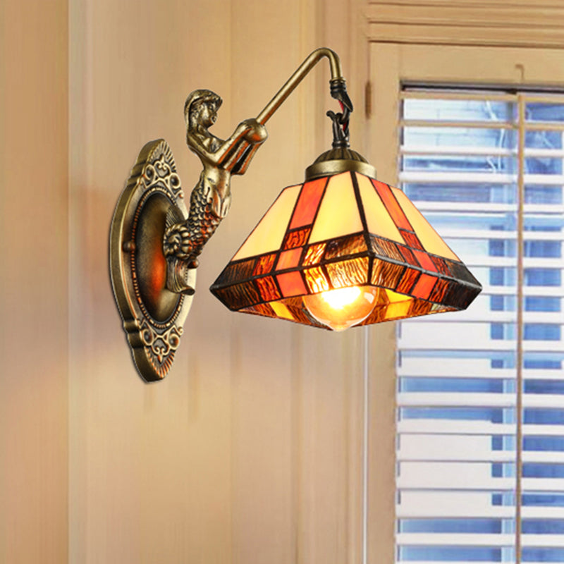 1 Head Wall Mounted Light Tiffany Diamond Orange Stained Glass Sconce Light Fixture Orange Clearhalo 'Industrial' 'Middle century wall lights' 'Tiffany wall lights' 'Tiffany' 'Wall Lamps & Sconces' 'Wall Lights' Lighting' 182114
