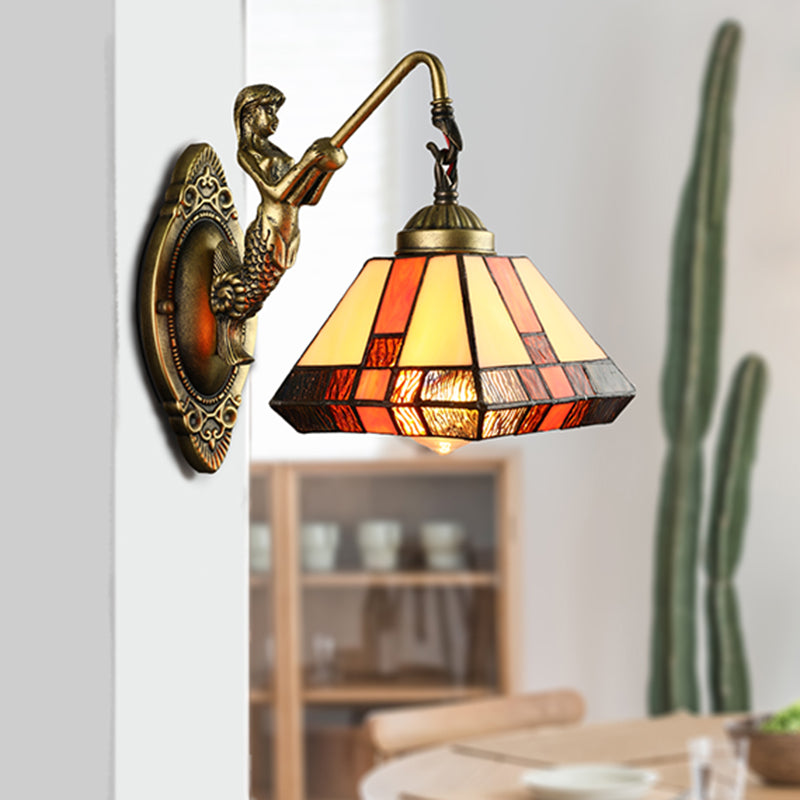 1 Head Wall Mounted Light Tiffany Diamond Orange Stained Glass Sconce Light Fixture Clearhalo 'Industrial' 'Middle century wall lights' 'Tiffany wall lights' 'Tiffany' 'Wall Lamps & Sconces' 'Wall Lights' Lighting' 182115