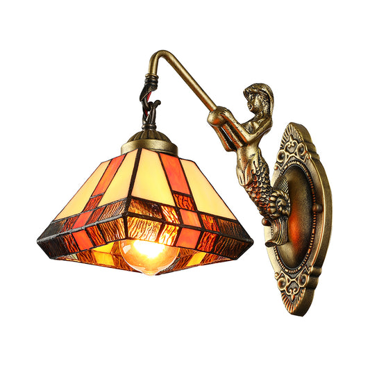 1 Head Wall Mounted Light Tiffany Diamond Orange Stained Glass Sconce Light Fixture Clearhalo 'Industrial' 'Middle century wall lights' 'Tiffany wall lights' 'Tiffany' 'Wall Lamps & Sconces' 'Wall Lights' Lighting' 182117