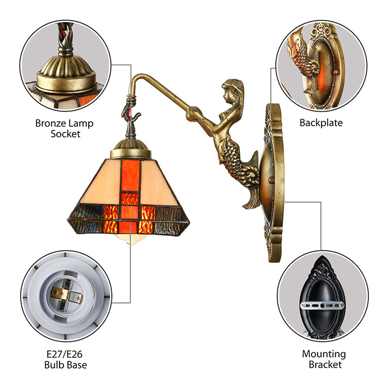 1 Head Wall Mounted Light Tiffany Diamond Orange Stained Glass Sconce Light Fixture Clearhalo 'Industrial' 'Middle century wall lights' 'Tiffany wall lights' 'Tiffany' 'Wall Lamps & Sconces' 'Wall Lights' Lighting' 182120