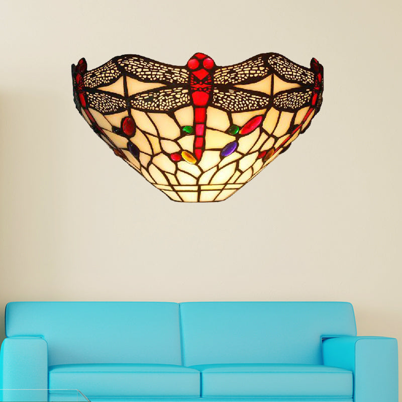 Art Deco Dragonfly Wall Sconce with Bowl Shade 1 Light Rustic Stained Glass Wall Light in White White Clearhalo 'Industrial' 'Middle century wall lights' 'Tiffany wall lights' 'Tiffany' 'Wall Lamps & Sconces' 'Wall Lights' Lighting' 182126