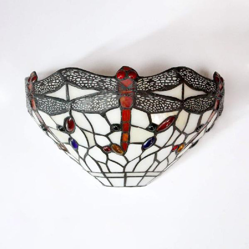 Art Deco Dragonfly Wall Sconce with Bowl Shade 1 Light Rustic Stained Glass Wall Light in White Clearhalo 'Industrial' 'Middle century wall lights' 'Tiffany wall lights' 'Tiffany' 'Wall Lamps & Sconces' 'Wall Lights' Lighting' 182127