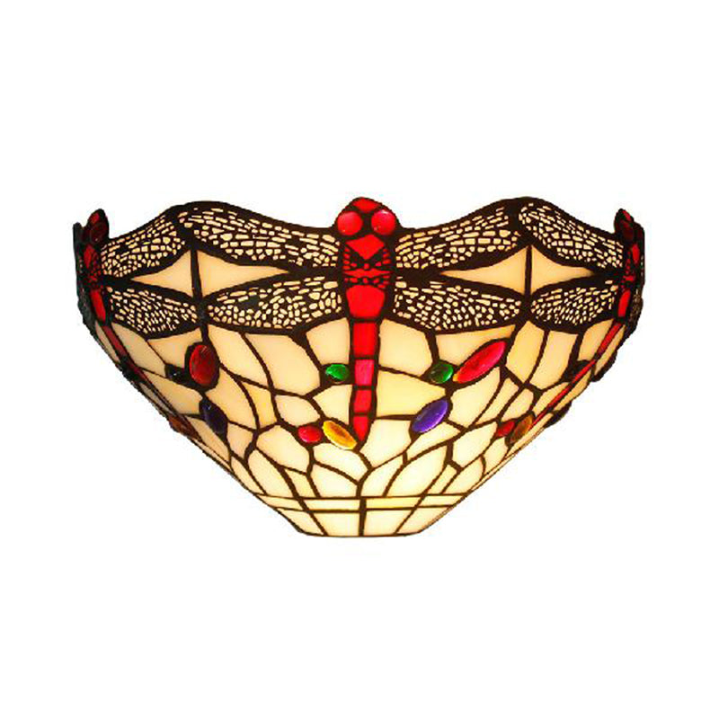 Art Deco Dragonfly Wall Sconce with Bowl Shade 1 Light Rustic Stained Glass Wall Light in White Clearhalo 'Industrial' 'Middle century wall lights' 'Tiffany wall lights' 'Tiffany' 'Wall Lamps & Sconces' 'Wall Lights' Lighting' 182128