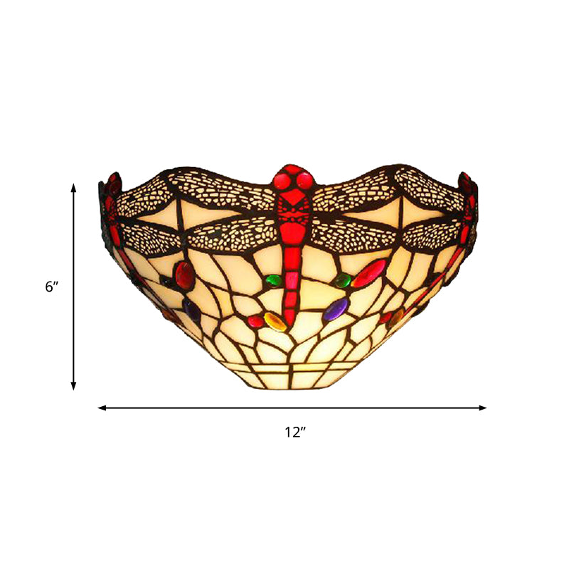 Art Deco Dragonfly Wall Sconce with Bowl Shade 1 Light Rustic Stained Glass Wall Light in White Clearhalo 'Industrial' 'Middle century wall lights' 'Tiffany wall lights' 'Tiffany' 'Wall Lamps & Sconces' 'Wall Lights' Lighting' 182129