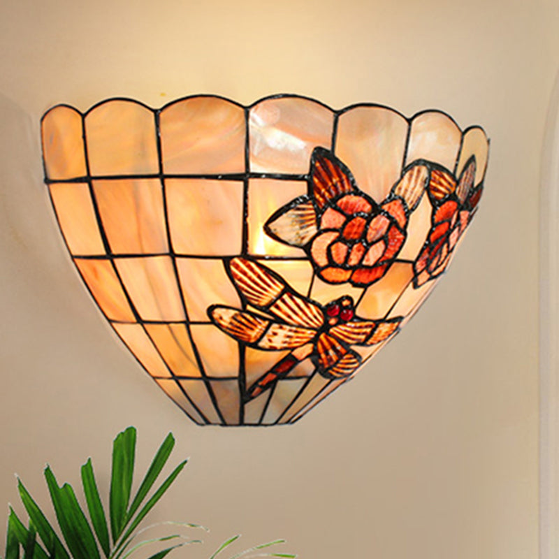 Beige Wall Lamp with Bowl Shade Tiffany Style Handmade Shell Wall Sconce Light with Rose and Dragonfly Pattern Beige Clearhalo 'Industrial' 'Middle century wall lights' 'Tiffany wall lights' 'Tiffany' 'Wall Lamps & Sconces' 'Wall Lights' Lighting' 182184