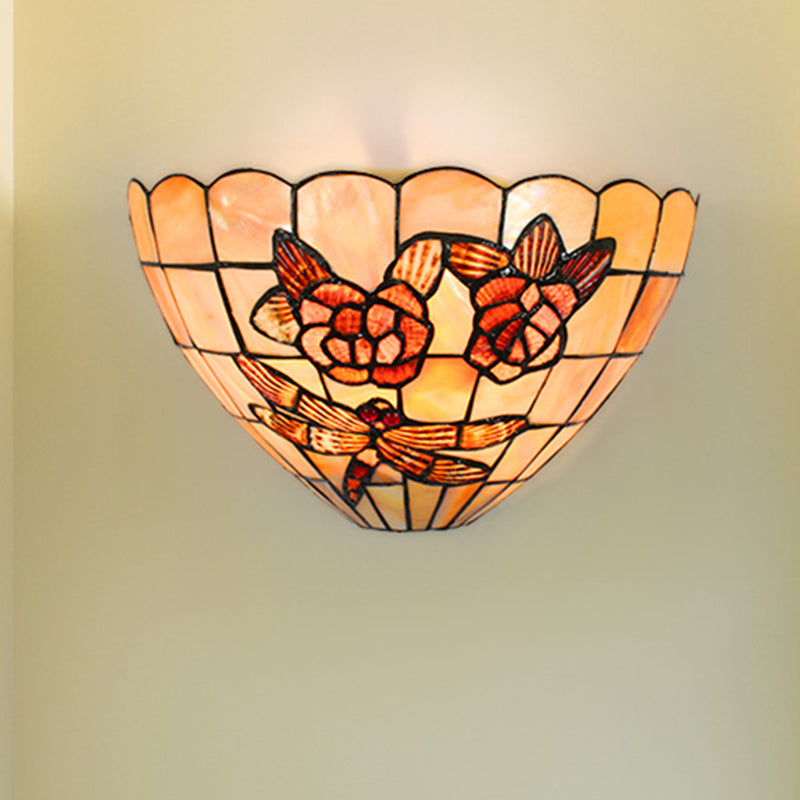 Beige Wall Lamp with Bowl Shade Tiffany Style Handmade Shell Wall Sconce Light with Rose and Dragonfly Pattern Clearhalo 'Industrial' 'Middle century wall lights' 'Tiffany wall lights' 'Tiffany' 'Wall Lamps & Sconces' 'Wall Lights' Lighting' 182185