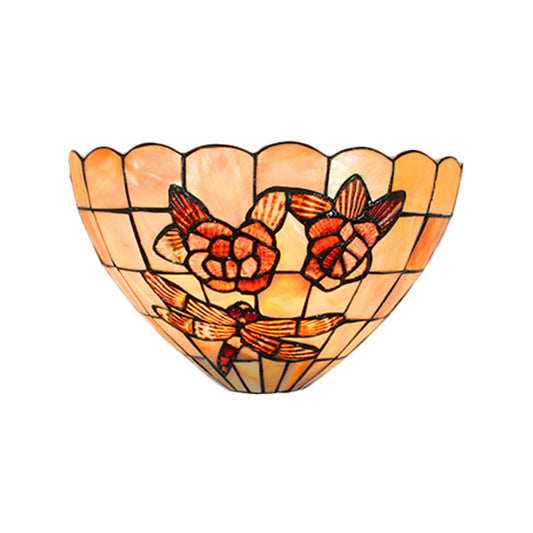 Beige Wall Lamp with Bowl Shade Tiffany Style Handmade Shell Wall Sconce Light with Rose and Dragonfly Pattern Clearhalo 'Industrial' 'Middle century wall lights' 'Tiffany wall lights' 'Tiffany' 'Wall Lamps & Sconces' 'Wall Lights' Lighting' 182186