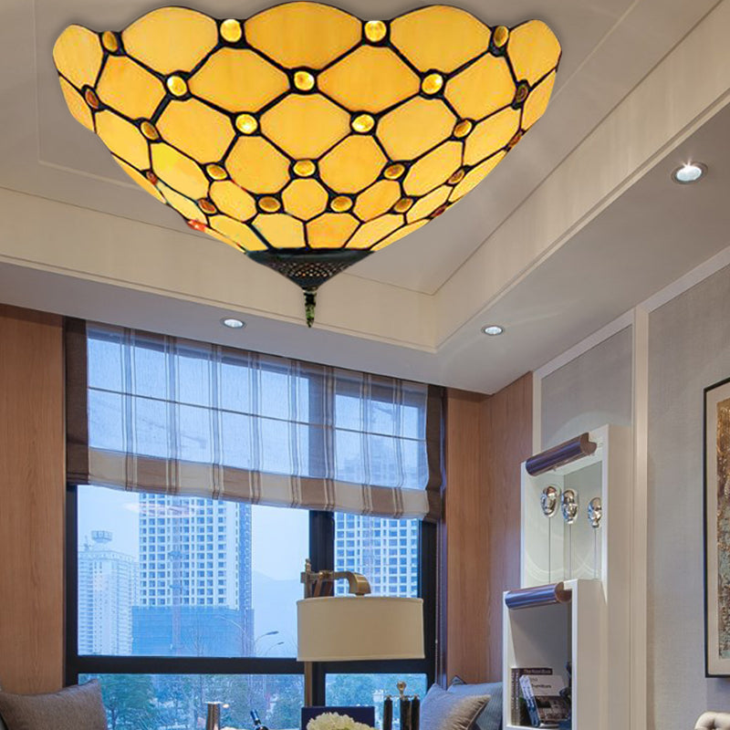 Beige/Black Bowl-Shaped Ceiling Light Fixture Tiffany Stained Glass 1/2 Lights Flushmount Ceiling Light Yellow Clearhalo 'Ceiling Lights' 'Close To Ceiling Lights' 'Close to ceiling' 'Flush mount' Lighting' 182199