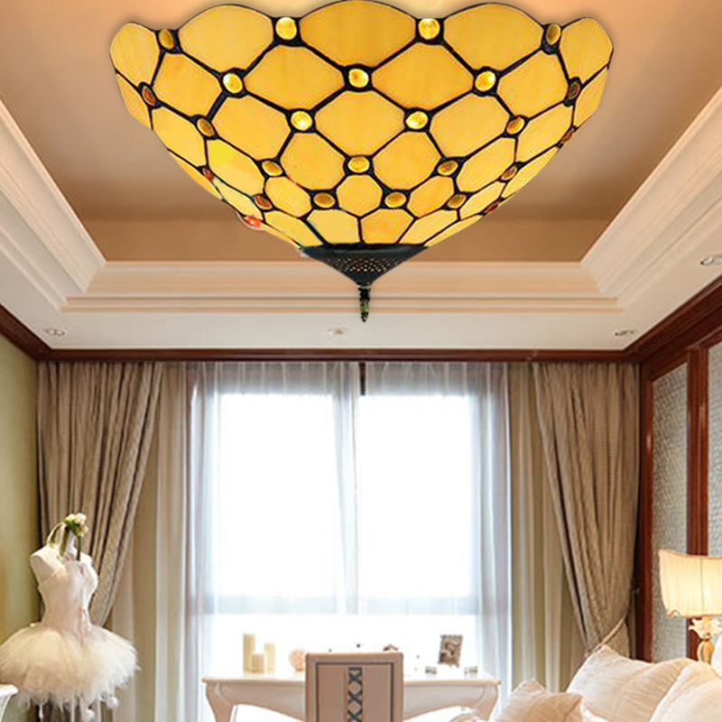 Beige/Black Bowl-Shaped Ceiling Light Fixture Tiffany Stained Glass 1/2 Lights Flushmount Ceiling Light Clearhalo 'Ceiling Lights' 'Close To Ceiling Lights' 'Close to ceiling' 'Flush mount' Lighting' 182200