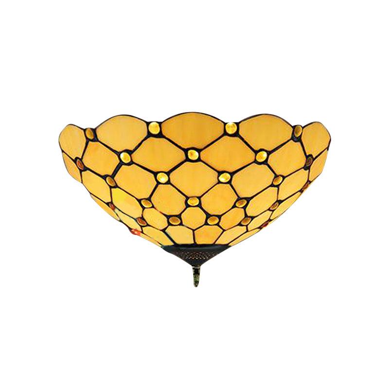 Beige/Black Bowl-Shaped Ceiling Light Fixture Tiffany Stained Glass 1/2 Lights Flushmount Ceiling Light Clearhalo 'Ceiling Lights' 'Close To Ceiling Lights' 'Close to ceiling' 'Flush mount' Lighting' 182201