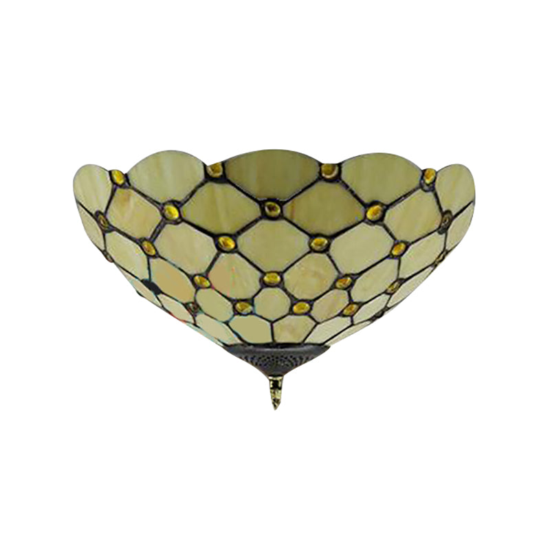 Beige/Black Bowl-Shaped Ceiling Light Fixture Tiffany Stained Glass 1/2 Lights Flushmount Ceiling Light Clearhalo 'Ceiling Lights' 'Close To Ceiling Lights' 'Close to ceiling' 'Flush mount' Lighting' 182202