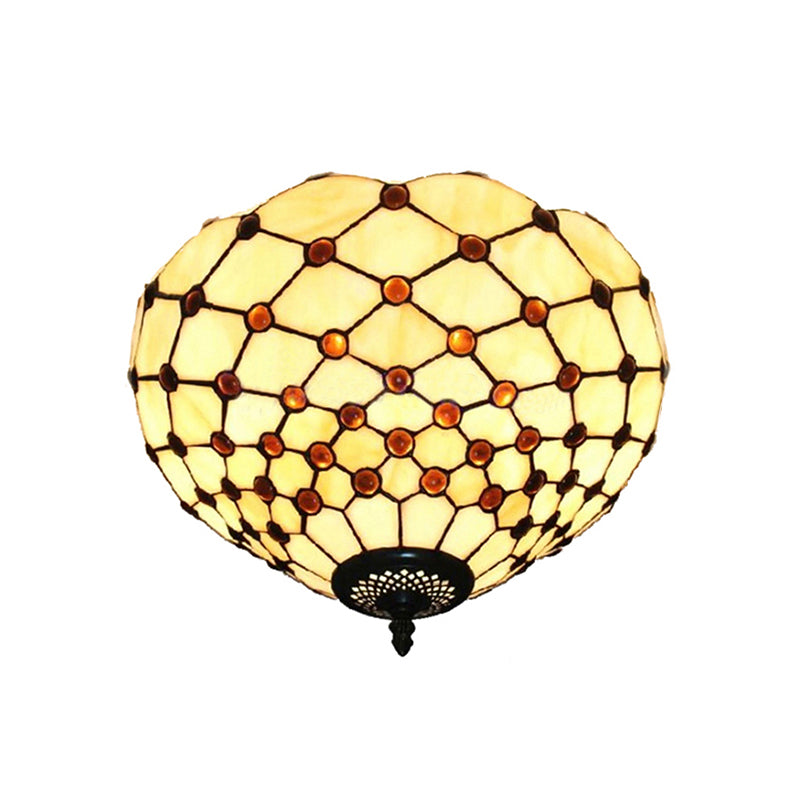 Beige/Black Bowl-Shaped Ceiling Light Fixture Tiffany Stained Glass 1/2 Lights Flushmount Ceiling Light Clearhalo 'Ceiling Lights' 'Close To Ceiling Lights' 'Close to ceiling' 'Flush mount' Lighting' 182205