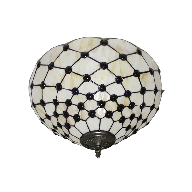 Beige/Black Bowl-Shaped Ceiling Light Fixture Tiffany Stained Glass 1/2 Lights Flushmount Ceiling Light Clearhalo 'Ceiling Lights' 'Close To Ceiling Lights' 'Close to ceiling' 'Flush mount' Lighting' 182206