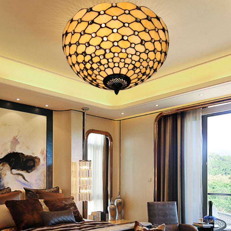 Beige/Black Bowl-Shaped Ceiling Light Fixture Tiffany Stained Glass 1/2 Lights Flushmount Ceiling Light Beige Clearhalo 'Ceiling Lights' 'Close To Ceiling Lights' 'Close to ceiling' 'Flush mount' Lighting' 182208