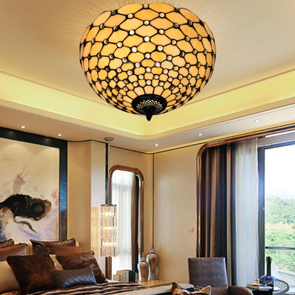 Beige/Black Bowl-Shaped Ceiling Light Fixture Tiffany Stained Glass 1/2 Lights Flushmount Ceiling Light Beige Clearhalo 'Ceiling Lights' 'Close To Ceiling Lights' 'Close to ceiling' 'Flush mount' Lighting' 182208