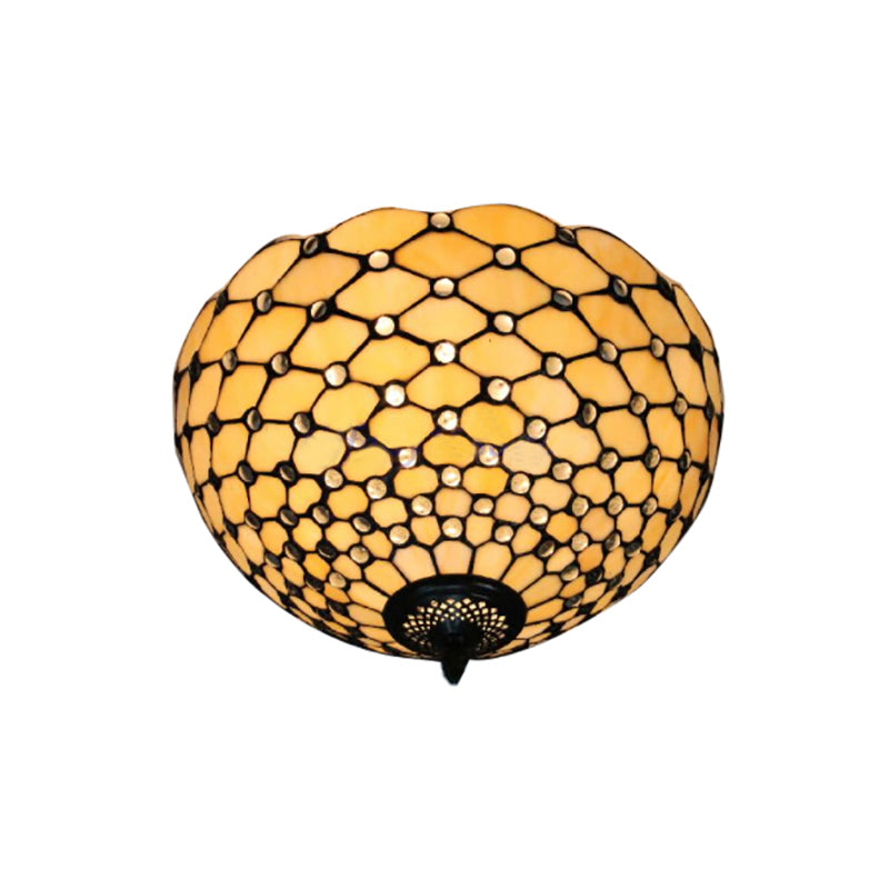 Beige/Black Bowl-Shaped Ceiling Light Fixture Tiffany Stained Glass 1/2 Lights Flushmount Ceiling Light Clearhalo 'Ceiling Lights' 'Close To Ceiling Lights' 'Close to ceiling' 'Flush mount' Lighting' 182209