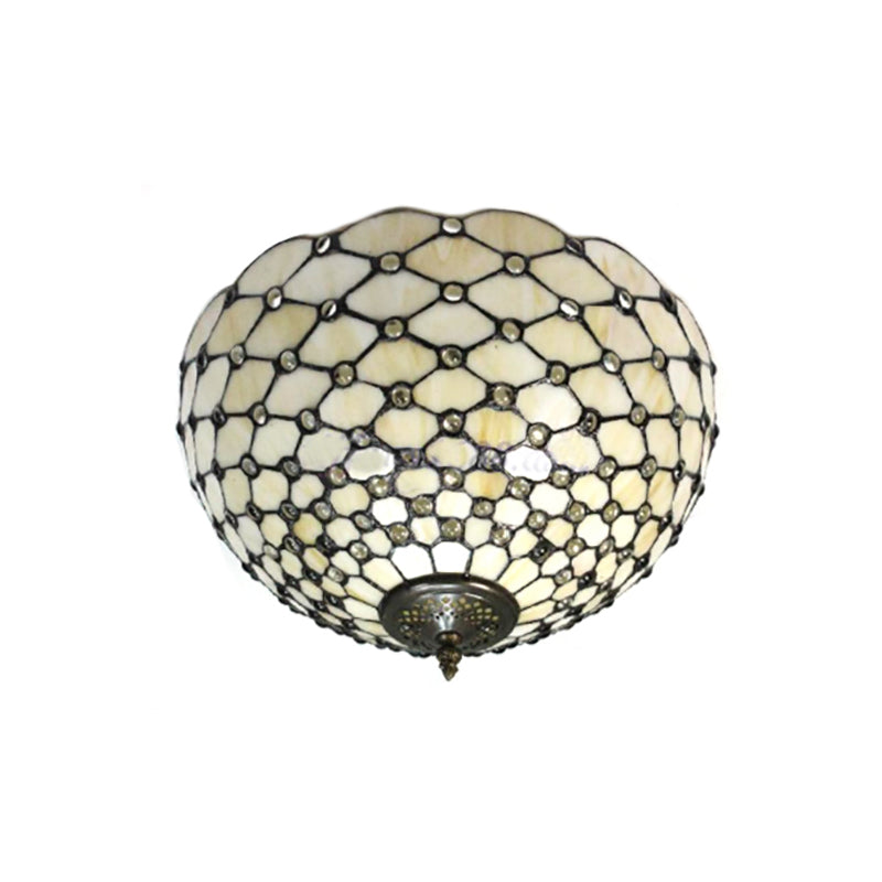 Beige/Black Bowl-Shaped Ceiling Light Fixture Tiffany Stained Glass 1/2 Lights Flushmount Ceiling Light Clearhalo 'Ceiling Lights' 'Close To Ceiling Lights' 'Close to ceiling' 'Flush mount' Lighting' 182210