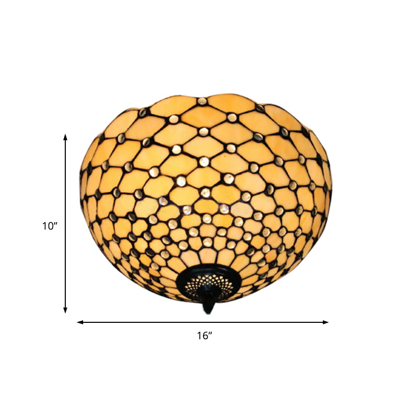 Beige/Black Bowl-Shaped Ceiling Light Fixture Tiffany Stained Glass 1/2 Lights Flushmount Ceiling Light Clearhalo 'Ceiling Lights' 'Close To Ceiling Lights' 'Close to ceiling' 'Flush mount' Lighting' 182211