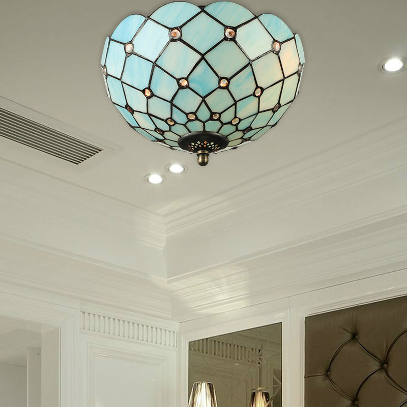 Beige/Black Bowl-Shaped Ceiling Light Fixture Tiffany Stained Glass 1/2 Lights Flushmount Ceiling Light Blue Clearhalo 'Ceiling Lights' 'Close To Ceiling Lights' 'Close to ceiling' 'Flush mount' Lighting' 182212