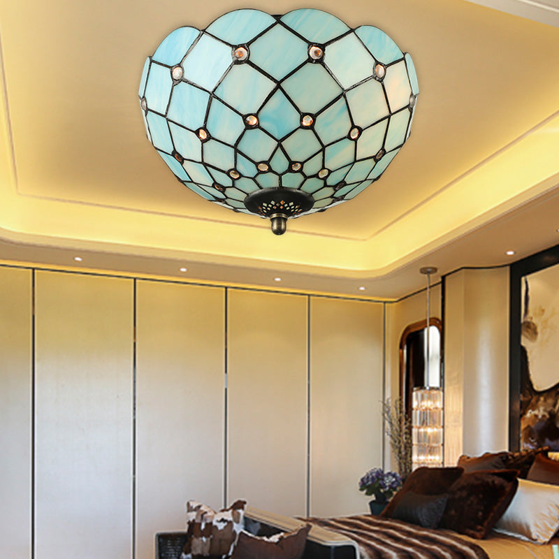 Beige/Black Bowl-Shaped Ceiling Light Fixture Tiffany Stained Glass 1/2 Lights Flushmount Ceiling Light Clearhalo 'Ceiling Lights' 'Close To Ceiling Lights' 'Close to ceiling' 'Flush mount' Lighting' 182213