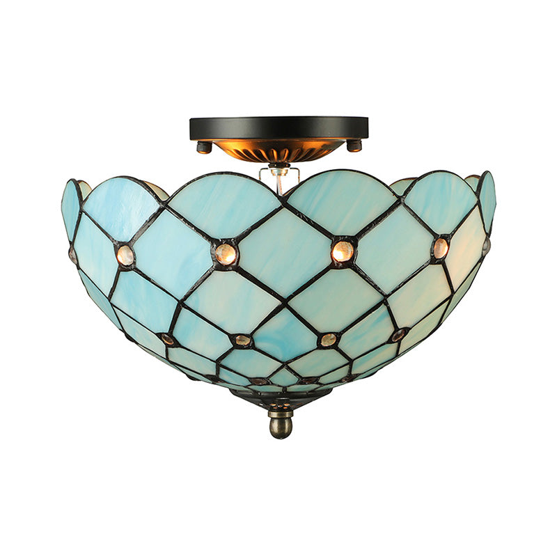Beige/Black Bowl-Shaped Ceiling Light Fixture Tiffany Stained Glass 1/2 Lights Flushmount Ceiling Light Clearhalo 'Ceiling Lights' 'Close To Ceiling Lights' 'Close to ceiling' 'Flush mount' Lighting' 182214