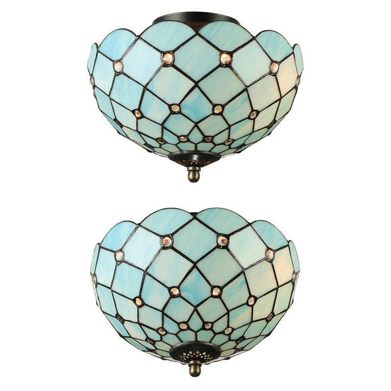Beige/Black Bowl-Shaped Ceiling Light Fixture Tiffany Stained Glass 1/2 Lights Flushmount Ceiling Light Clearhalo 'Ceiling Lights' 'Close To Ceiling Lights' 'Close to ceiling' 'Flush mount' Lighting' 182215