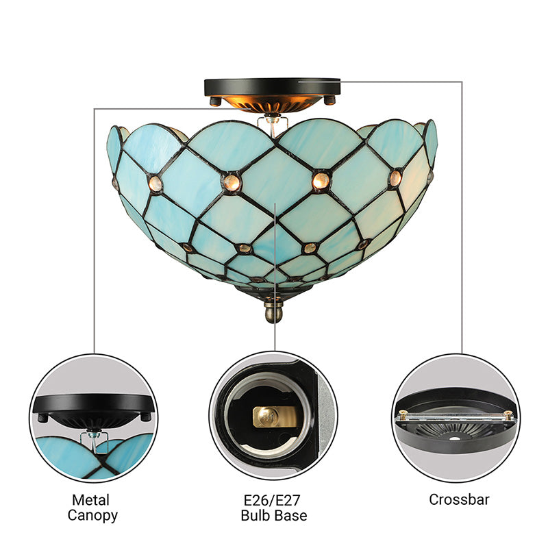 Beige/Black Bowl-Shaped Ceiling Light Fixture Tiffany Stained Glass 1/2 Lights Flushmount Ceiling Light Clearhalo 'Ceiling Lights' 'Close To Ceiling Lights' 'Close to ceiling' 'Flush mount' Lighting' 182217