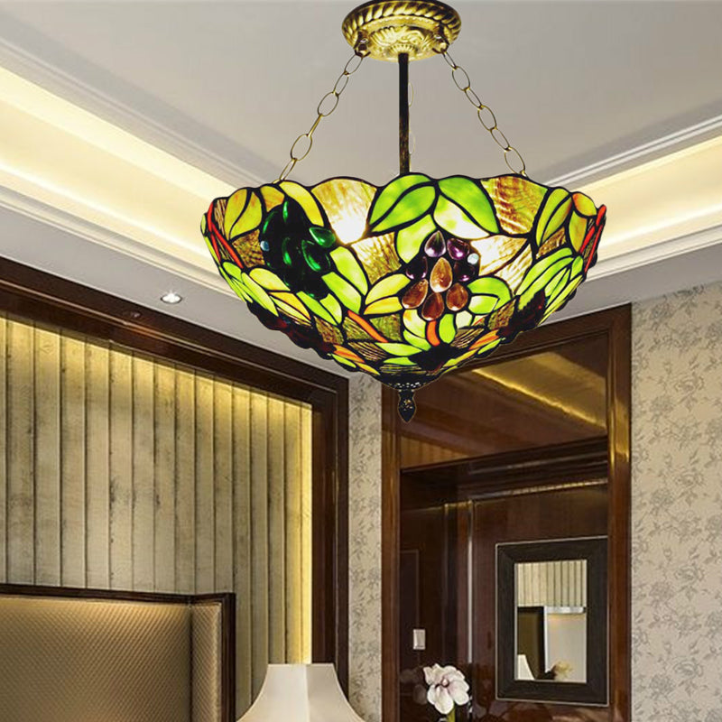 Green Bowl Semi Flush Mount Retro Style Stained Glass 3 Lights Gorgeous Ceiling Light Fixture Green Clearhalo 'Ceiling Lights' 'Chandeliers' 'Close To Ceiling Lights' 'Close to ceiling' 'Glass shade' 'Glass' 'Semi-flushmount' 'Tiffany close to ceiling' 'Tiffany' Lighting' 182219