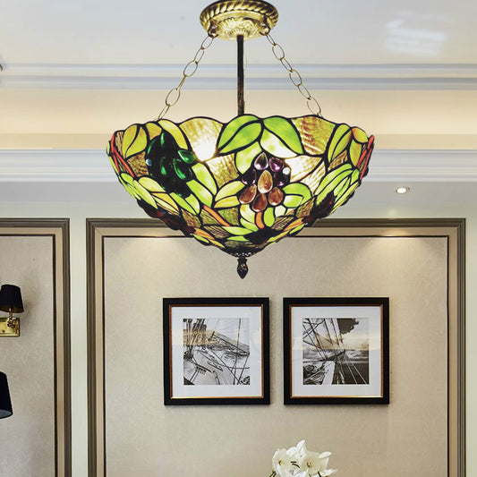 Green Bowl Semi Flush Mount Retro Style Stained Glass 3 Lights Gorgeous Ceiling Light Fixture Clearhalo 'Ceiling Lights' 'Chandeliers' 'Close To Ceiling Lights' 'Close to ceiling' 'Glass shade' 'Glass' 'Semi-flushmount' 'Tiffany close to ceiling' 'Tiffany' Lighting' 182220