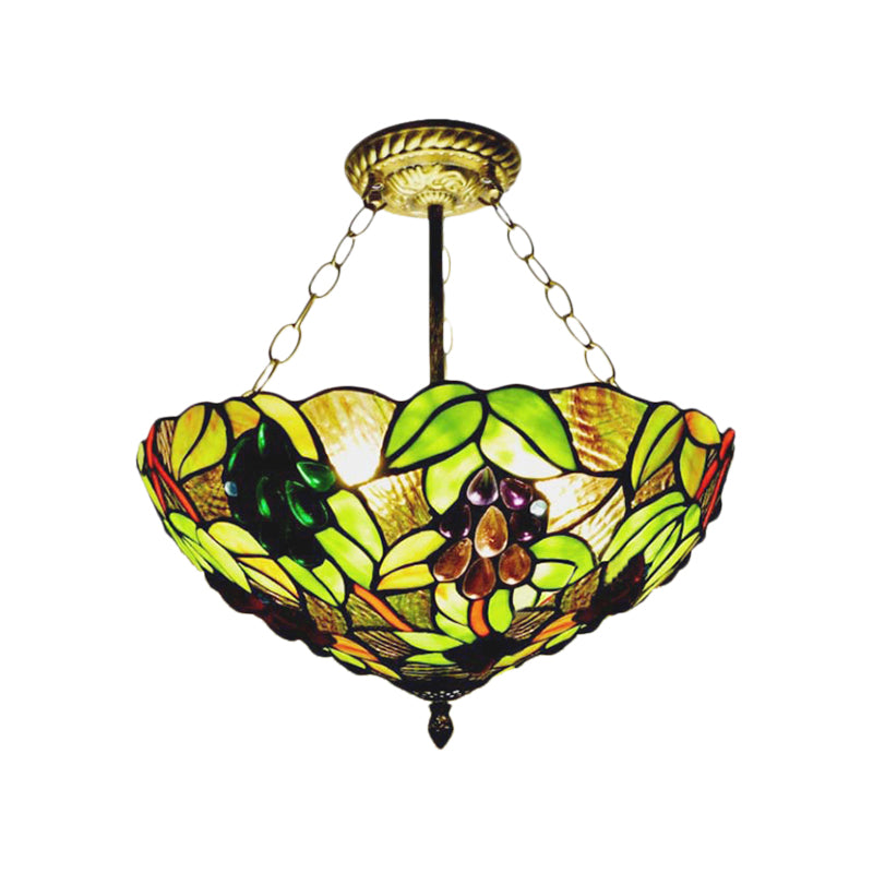 Green Bowl Semi Flush Mount Retro Style Stained Glass 3 Lights Gorgeous Ceiling Light Fixture Clearhalo 'Ceiling Lights' 'Chandeliers' 'Close To Ceiling Lights' 'Close to ceiling' 'Glass shade' 'Glass' 'Semi-flushmount' 'Tiffany close to ceiling' 'Tiffany' Lighting' 182221