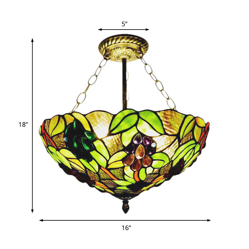 Green Bowl Semi Flush Mount Retro Style Stained Glass 3 Lights Gorgeous Ceiling Light Fixture Clearhalo 'Ceiling Lights' 'Chandeliers' 'Close To Ceiling Lights' 'Close to ceiling' 'Glass shade' 'Glass' 'Semi-flushmount' 'Tiffany close to ceiling' 'Tiffany' Lighting' 182222
