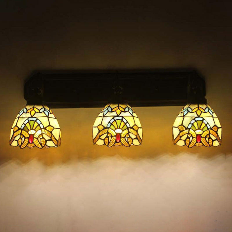 Dome Stained Glass Wall Mount Light Baroque 3 Heads Brown Sconce Lighting for Hallway Brown Clearhalo 'Industrial' 'Middle century wall lights' 'Tiffany wall lights' 'Tiffany' 'Wall Lamps & Sconces' 'Wall Lights' Lighting' 182223