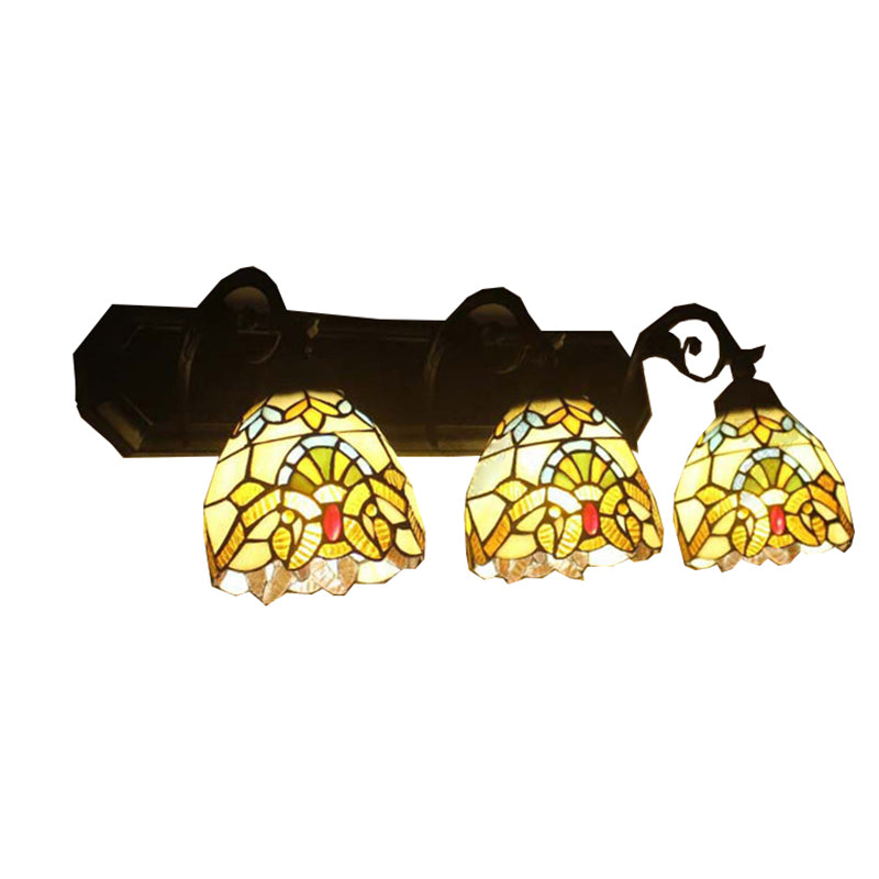 Dome Stained Glass Wall Mount Light Baroque 3 Heads Brown Sconce Lighting for Hallway Clearhalo 'Industrial' 'Middle century wall lights' 'Tiffany wall lights' 'Tiffany' 'Wall Lamps & Sconces' 'Wall Lights' Lighting' 182226